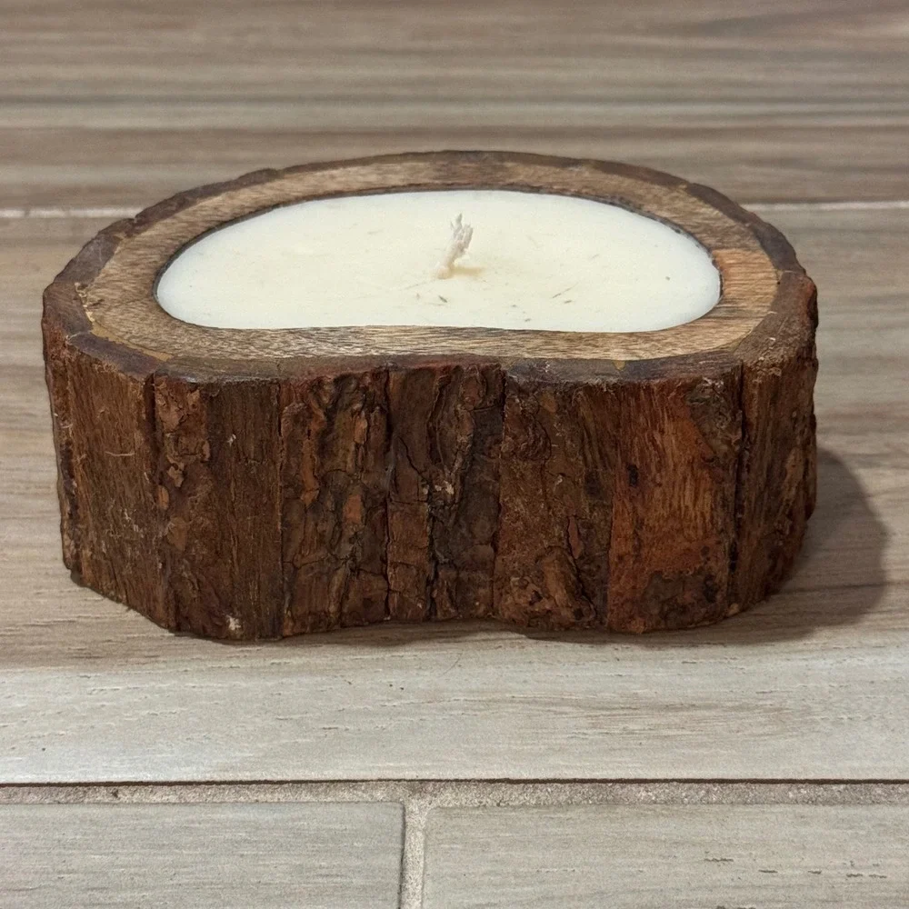 Himalayan Handmade Candles Wild Green Fig Soy Wax Tree Bark Log Wood Bowl 5in